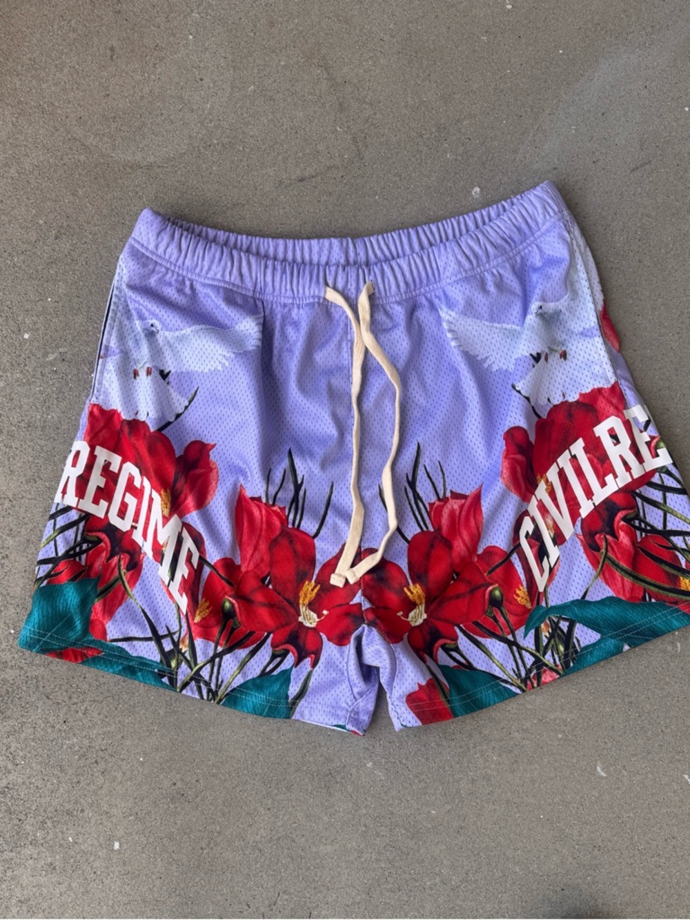 Civilregime Floral Athletic Mesh Shorts - Lavender with Red Bloom